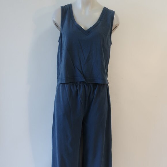 Women Z Supply Teal 2Pc Lounge Set Cotton V-Neck Top Pull-On Flared Crop Pants M - Picture 2 of 13